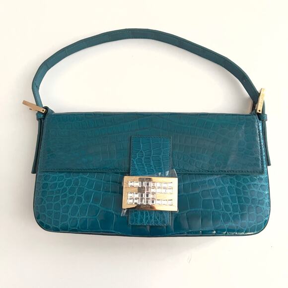 Vintage Blue Crocodile Skin Rhinestone Buckle Baguette - Picture 2 of 8